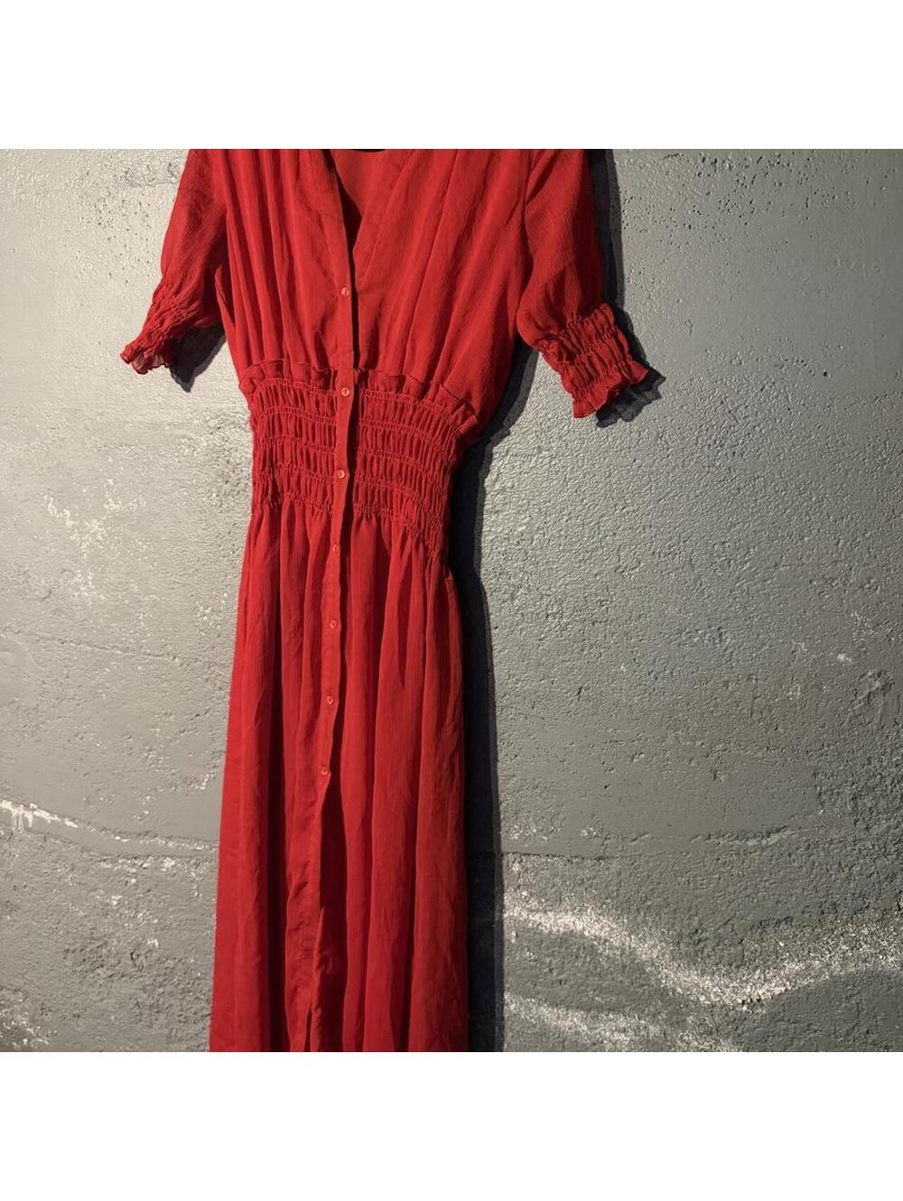 Zara Red Midi Dress with Smocked Waist and Button Front